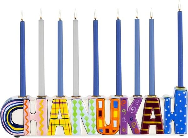 Hand Painted Ceramic Colourful Chanukah Menorah - Image 2